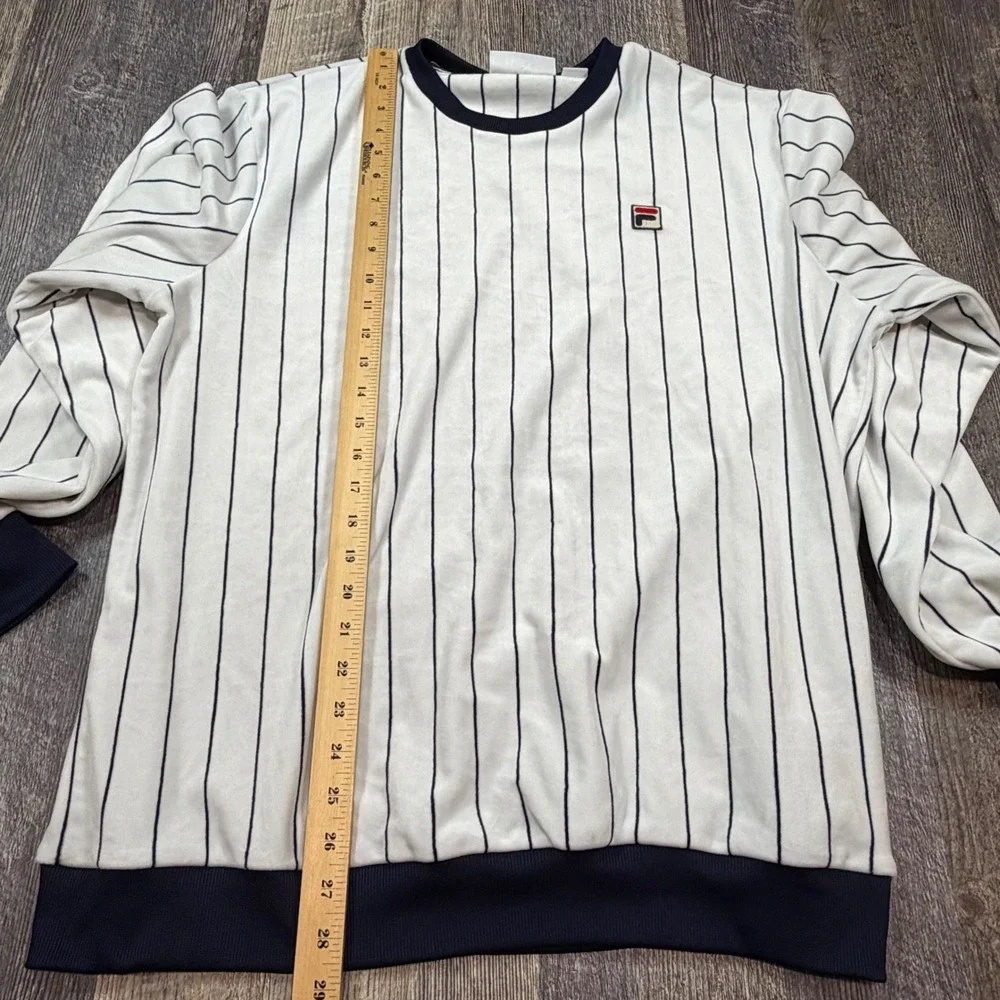 Fila Mens XXL Pinstripe Crewneck Sweatshirt White Navy Blue Fleece Soft Pullover